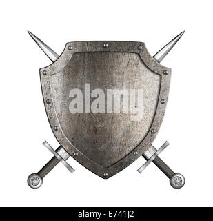 Ritter Metall Schild mit gekreuzten Schwertern isoliert auf weiss Stockfoto