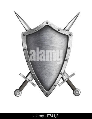 mittelalterliche Ritter Schild mit gekreuzten Schwertern isoliert auf weiss Stockfoto
