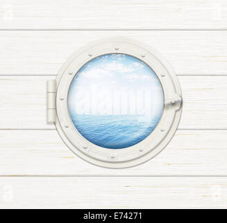 Schiff Fenster oder Bullauge auf Holzwand mit Meer oder Ozean durch es sichtbar Stockfoto