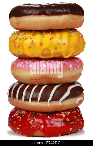 Sammlung von vielen bunten Donuts eins auf dem anderen Stockfoto