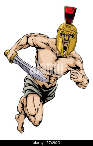 Ein Beispiel für ein Krieger oder Gladiator Charakter oder Sport-Maskottchen in einem Trojaner oder spartanischen Stil Helm mit einem Schwert Stockfoto