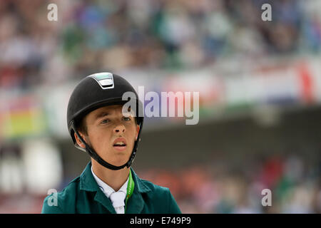 Caen, Frankreich. 06. Sep, 2014. Reiter Bertram Allen Irlands auf Pferd 'Molly Malone V' konkurriert in der Geschwindigkeit springen Wettbewerb während der World Equestrian Games 2014 in Caen, Frankreich, 6. September 2014. Foto: Rolf Vennenbernd/Dpa/Alamy Live News Stockfoto