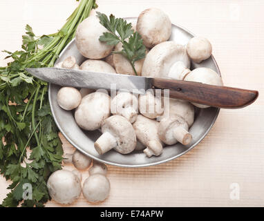 Taste oder Champignon-Pilze in alten Metall-Teller mit Messer und Petersilie auf einer weißen Tischdecke Stockfoto