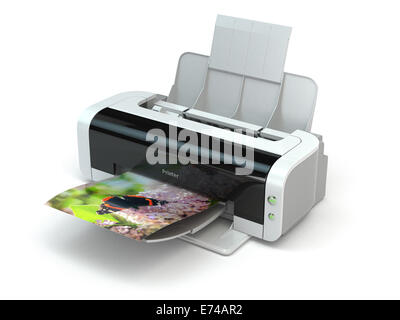 Farb-Drucker druckt Foto auf weißem Hintergrund isoliert. 3D Stockfoto