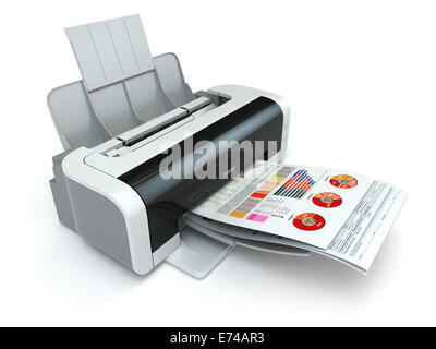 Drucker druckt Geschäftsbericht auf weißem Hintergrund isoliert. 3D Stockfoto