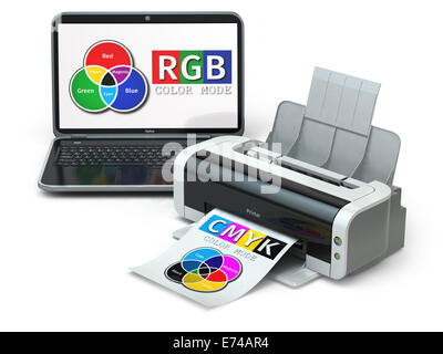 CMYK und RGB-Farbmodelle. Laptop und Drucker. 3D Stockfoto