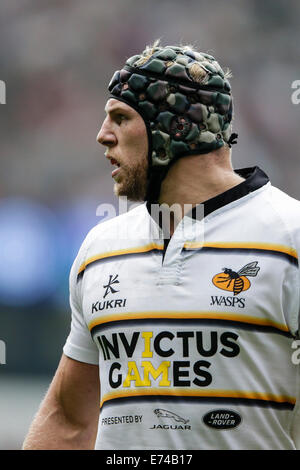 Twickenham, Großbritannien. 06. Sep, 2014. Aviva Premiership Rugby. Sarazenen im Vergleich zu London Wasps. London Wasps Flanker James Haskell (c) Credit: Action Plus Sport/Alamy Live News Stockfoto