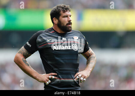 Twickenham, Großbritannien. 06. Sep, 2014. Aviva Premiership Rugby. Sarazenen im Vergleich zu London Wasps. Zweite Reihe Sarazenen Ersatz Jim Hamilton Credit: Action Plus Sport/Alamy Live News Stockfoto