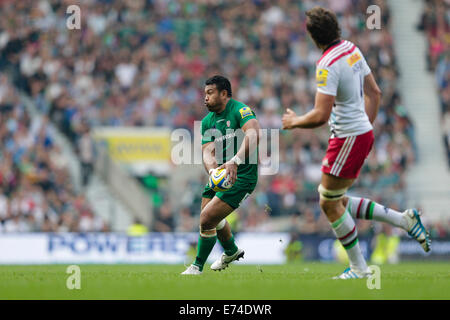 Twickenham, Großbritannien. 06. Sep, 2014. Aviva Premiership Rugby. London Irish versus Harlekine. London Irish Flanker Ofisa Treviranus in Aktion Credit: Action Plus Sport/Alamy Live News Stockfoto