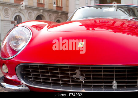 Turin, Italien. 6. September 2014.Radiator Kühlergrill und Logo auf eine auf einem 1965 Ferrari 275 GTB. Sammler von historischen Autos trafen sich in Torino für einen Auto-Eleganz-Wettbewerb. Stockfoto