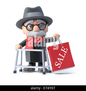 3D Rendering eines alten Mannes mit walking Frame hält eine Verkauf-Tasche Stockfoto