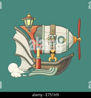 Cartoon-Steampunk Stil fliegenden Luftschiff mit Ballon und propeller Stockfoto