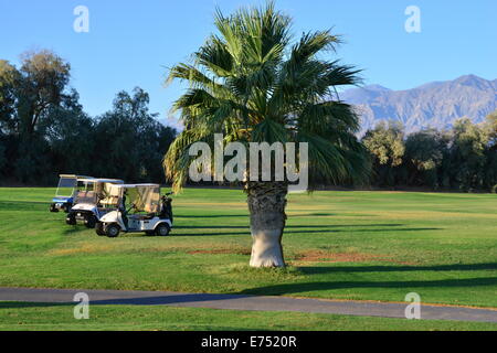 Golf-Carts auf einem Golfplatz in Furnace Creek, Kalifornien. Stockfoto