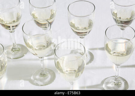 Ein Array von Weingläser gefüllt mit verschiedenen Weinen. Stockfoto