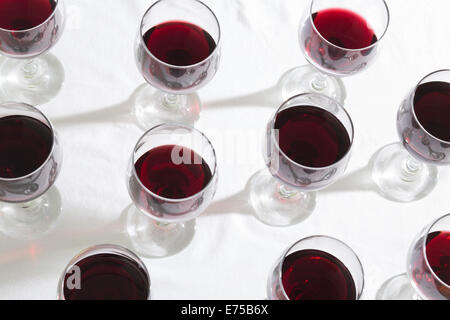 Ein Array von Weingläser gefüllt mit verschiedenen Weinen. Stockfoto