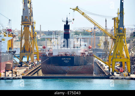 Menschen am Ufer von Nahaufnahme Heck des Bulk-Carrier Frachter Cape Tavor Trockendock & Werftkrane in den Schatten gestellt Grand Harbour Port Valletta Malta EU Stockfoto