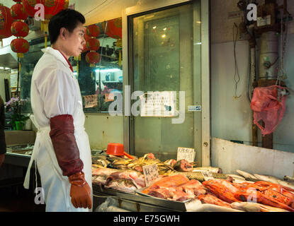 Chinesische Lebensmittelhändler stehen neben frischen Fisch zum Verkauf in San Franciscos Chinatown. Stockfoto