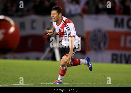 Buenos Aires, Argentinien. 7. Sep, 2014. Rodrigo Mora von River Plate feiert ein scoring während des Spiels der ersten argentinischen Liga gegen Tigre in der Antonio Vespucio Liberti Stadion in Buenos Aires, Argentinien, auf 7. September 2014. © Martin Zabala/Xinhua/Alamy Live-Nachrichten Stockfoto