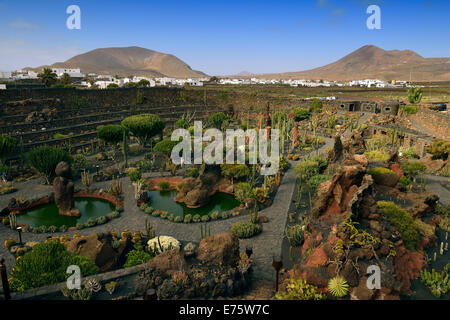 Blick vom Jardin de Cactus, Kakteengarten entworfen von dem Künstler Cesar Manrique, auf den Risco de Las Nieves Bereich Guatiza Stockfoto