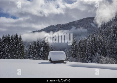 Holzhütte mit viel Schnee, obertilliach, Lesachtal, Osttirol, Österreich Stockfoto