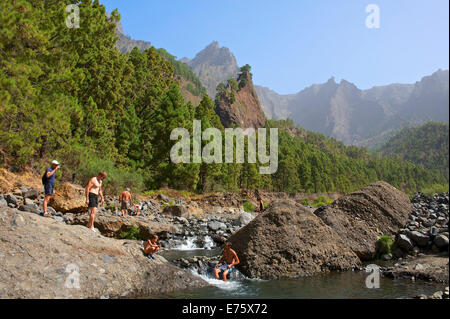 Playa de Taburiente und die Felsformation Roque del Huso im Parque Nacional De La Caldera de Taburiente National Park Stockfoto