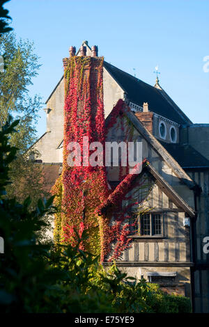 Shrewsbury, Shropshire, UK. 8. September 2014. UK-Wetter.  Als Sommer weicht bis in den Herbst, die Blätter von einem wildem Wein auf den Schornstein der Burg Gates Haus in Shrewsbury, Shropshire ändern in ein kräftiges Rot. Fotografieren wie die Sonne, am Morgen des Montag, 8. September 2014 aufgeht. Bildnachweis: Richard Franklin/Alamy Live-Nachrichten Stockfoto