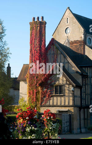 Shrewsbury, Shropshire, UK. 8. September 2014. UK-Wetter.  Als Sommer weicht bis in den Herbst, die Blätter von einem wildem Wein auf den Schornstein der Burg Gates Haus in Shrewsbury, Shropshire ändern in ein kräftiges Rot. Fotografieren wie die Sonne, am Morgen des Montag, 8. September 2014 aufgeht. Bildnachweis: Richard Franklin/Alamy Live-Nachrichten Stockfoto