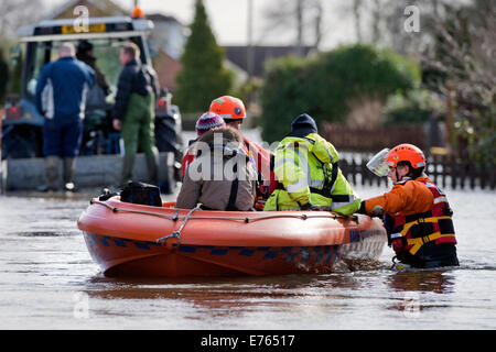 Überschwemmungen an der Somerset Ebene - ein Bewohner von Moor wird aus ihrem Haus gerettet, von BARB (Burnham-on-Sea-Bereich Rescue Boat) Stockfoto