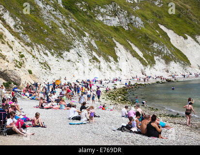 Familien genießen die Sonne am Strand von Lulworth Cove, Dorset, UK. Stockfoto