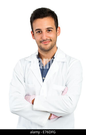 Porträt des jungen männlichen Arzt isoliert auf weißem Hintergrund hautnah. Stockfoto