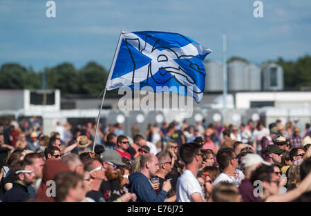 Festivalbesucher halten ja Fahnen beim T In The Park Festival zur Unterstützung der schottischen Unabhängigkeit. Stockfoto