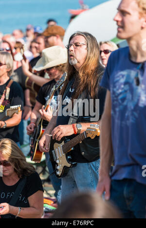 Lyme Regis, Dorset, England. Einige Gitarristen auf die Gitarren auf den Beach-Event spielt zusammen mit Rockin ' auf der ganzen Welt Stockfoto