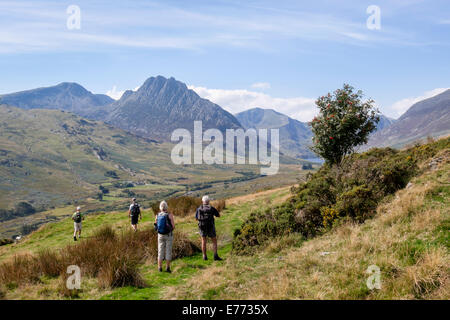 Wanderer Wandern in Ogwen Valley mit Blick auf Mount Tryfan im Snowdonia National Park, Capel Curig, Conwy. North Wales, Großbritannien, Großbritannien Stockfoto