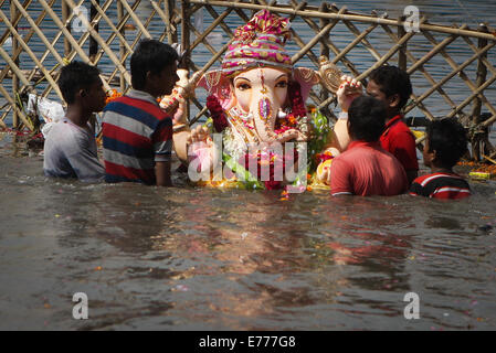 Neu-Delhi, Indien. 8. Sep, 2014. Indische Anhänger tauchen ein Idol der elefantenköpfige Hindugott Ganesha an einem Fluss am letzten Tag des Ganesh Charturthi Festivals in New Delhi, der Hauptstadt von Indien, 8. September 2014. Hinduistische Gläubigen gefeiert Ganesh Chaturthi zu Ehren des Gottes Ganesha, der elefantenköpfige, Remover von Hindernissen und dem Gott der Anfänge und der Weisheit, während das elf Tage lang Festival, das mit dem Eintauchen der Idole in verschiedenen Gewässern schließt. Bildnachweis: Zheng Huansong/Xinhua/Alamy Live-Nachrichten Stockfoto