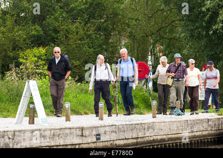 Wanderer auf Flussufer zu Fuß. Ältere Gruppe UK. Norfolk Broads England Stockfoto