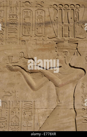 Ägypten. Edfu. Tempel des Horus. Relief Darstellung eines ptolemäischen Pharaos mit den Göttern eine kleine Sphinx. Stockfoto