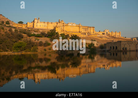 Amber Fort spiegelt sich in Maota See, Jaipur, Rajasthan, Indien. Stockfoto