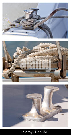 Nautische Collage: Seil Details auf dem Deck eines Segelbootes Stockfoto