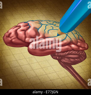 Das Gehirn zu reparieren und wiederherstellen verlorene Erinnerung medizinisches Konzept als ein Organ des menschlichen Denkens mit einem fehlenden Teil wird mit einem blauen Stift als Symbol und Metapher für Arzt Versorgung und Forschung in der Neurologie oder Gehirnwäsche neu gezeichnet. Stockfoto