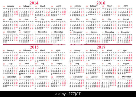 üblichen Geschäftszeiten Kalender für die Jahre 2014-2017 Stockfoto