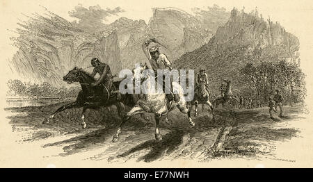 Antike 1872 Gravur, Pferderennen im Yosemite Valley. Stockfoto