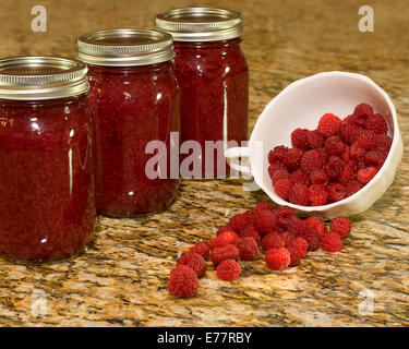 Gläser von Hause aus Himbeermarmelade mit einer Tasse frisch gepflückten Himbeeren Stockfoto