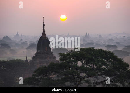 Sunrise, Tempel im Morgennebel, Stupas und Pagoden in der Tempelanlage von der Hochebene von Bagan, Mandalay-Division Stockfoto