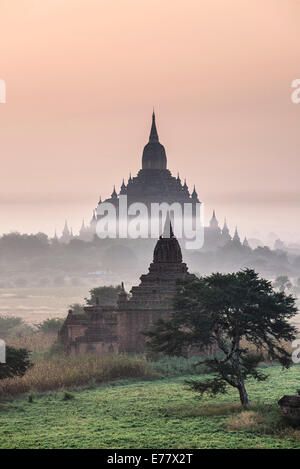 Sulamani Tempel im Morgennebel, Stupas und Pagoden in der Tempelanlage von der Hochebene von Bagan, Mandalay-Division Stockfoto