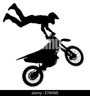 Schwarze Silhouetten-Motocross-Fahrer auf einem Motorrad. Stockfoto