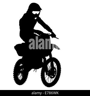 Schwarze Silhouetten-Motocross-Fahrer auf einem Motorrad. Stockfoto