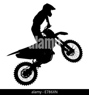 Schwarze Silhouetten-Motocross-Fahrer auf einem Motorrad. Stockfoto