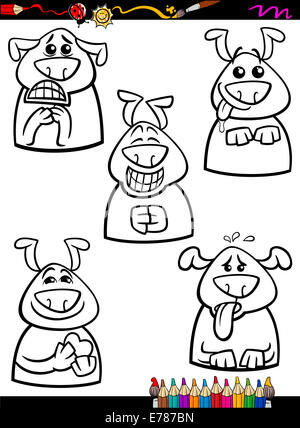 Coloring Book oder Seite Cartoon Illustration von Schwarz und weiß, die lustige Hunde, Ausdruck von Emotionen für Kinder festlegen Stockfoto