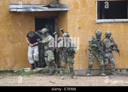 Oleszno, Polen 9. September 2014 Nobel Schwert-14 NATO international Special-Forces-Übung im Land zwingt Schulungszentrum in Oleszno. beteiligen sich 15 Länder in "edle Schwert-14': Kroatien, Estland, Frankreich, Niederlande, Litauen, Deutschland, Norwegen, Polen, Slowakei, Slowenien, die USA, Türkei, Ungarn, Großbritannien und Italien. Polnische Spezialeinheiten Anti-Separatisten Training Credit: Michal Fludra/Alamy Live News Stockfoto