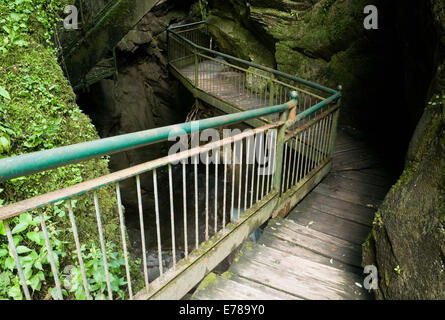 Hölzerner Fußweg in der Flussschlucht, Orrido di Bellano, Comer See, Italien Stockfoto